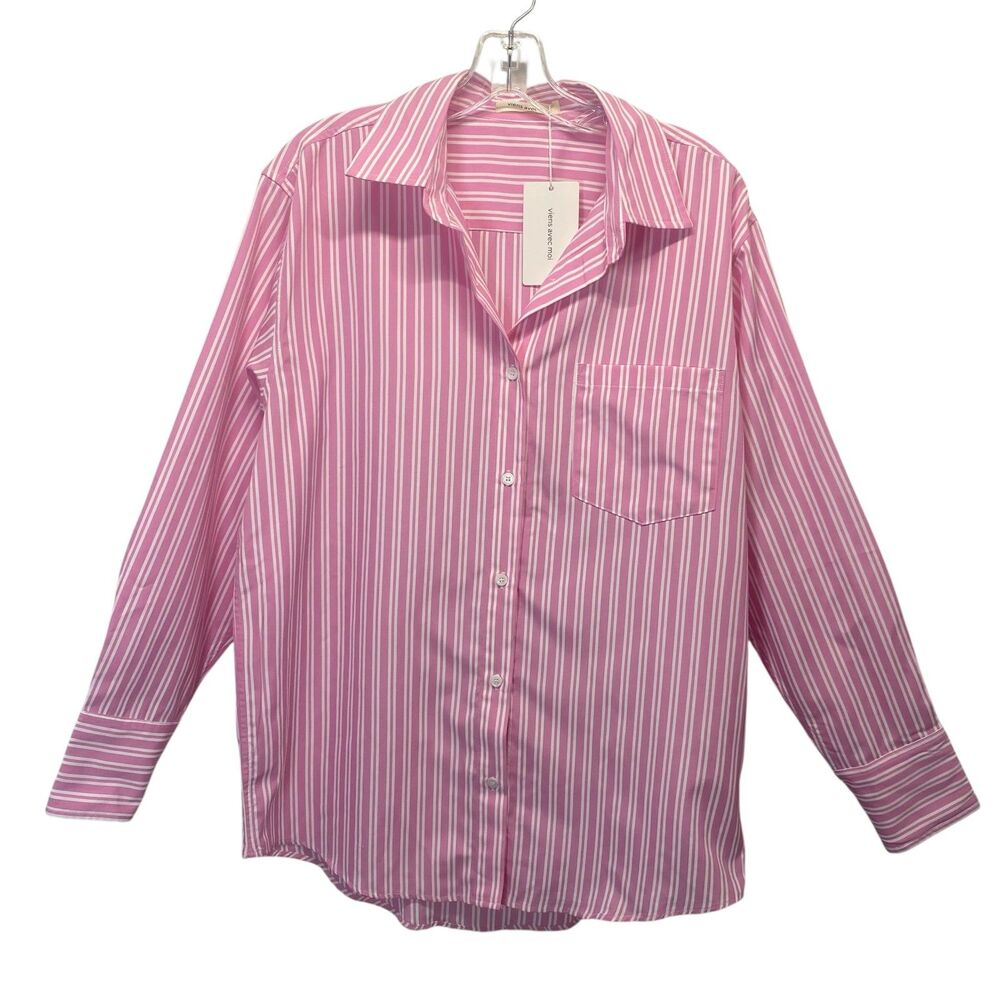 NWT Viens Avec Moi Seaside Shirt Pink S Striped Long Sleeve Career Minimalist